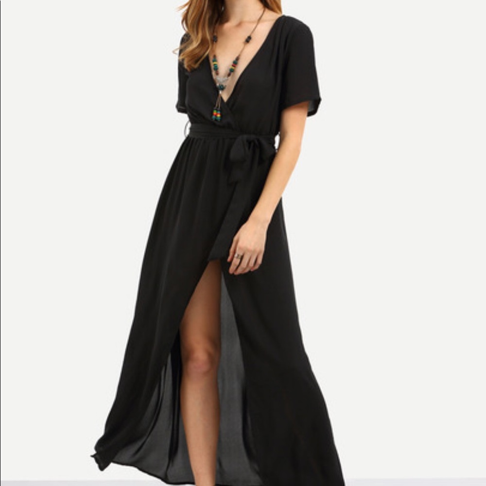 Black V neck split front maxi dress
